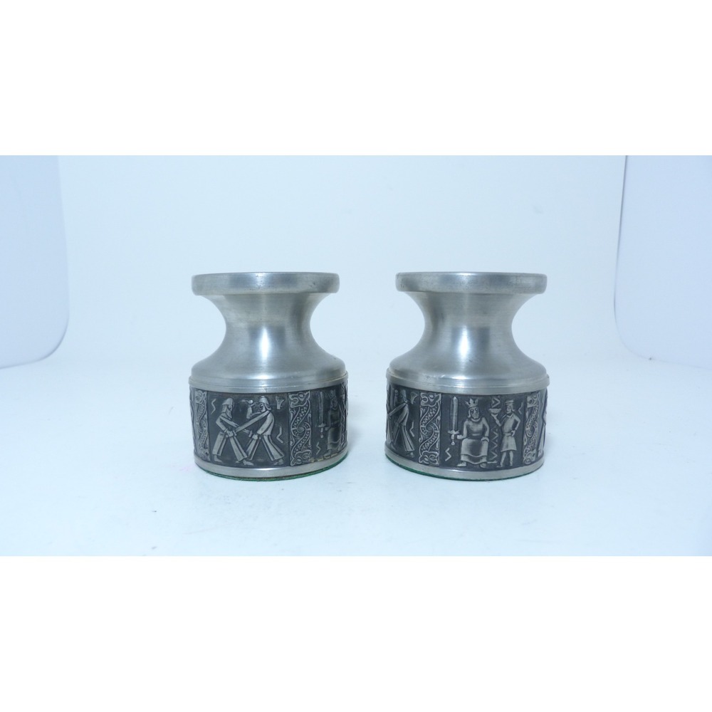 Vintage Tinn-Per Norway Pewter Viking Scene Candle Holders Set of 2